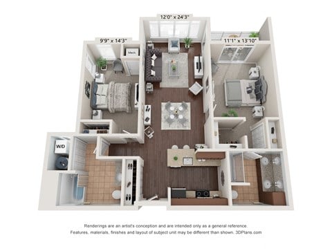 Floor plan for 2 beds, 2 baths, 1190 sqft